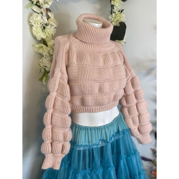 Bubble Gum Pink Turtleneck Cropped Chunky Puffy Sweater Small Medium Trendy EUC - Picture 3 of 16